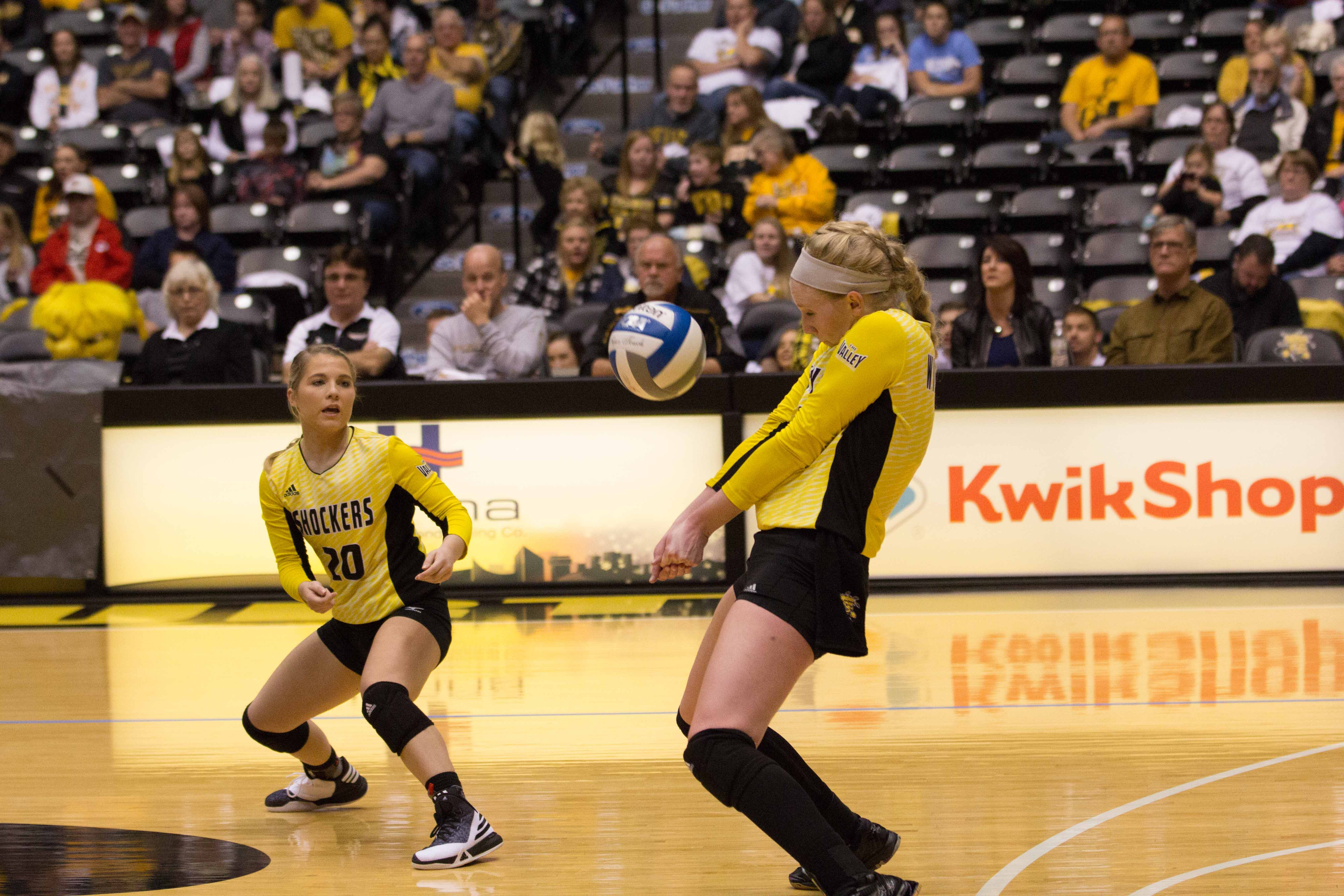 Wichita State senior Jody Larson (11) attempts to bump the ball back to Indiana State Saturday night in Charles Koch Arena.