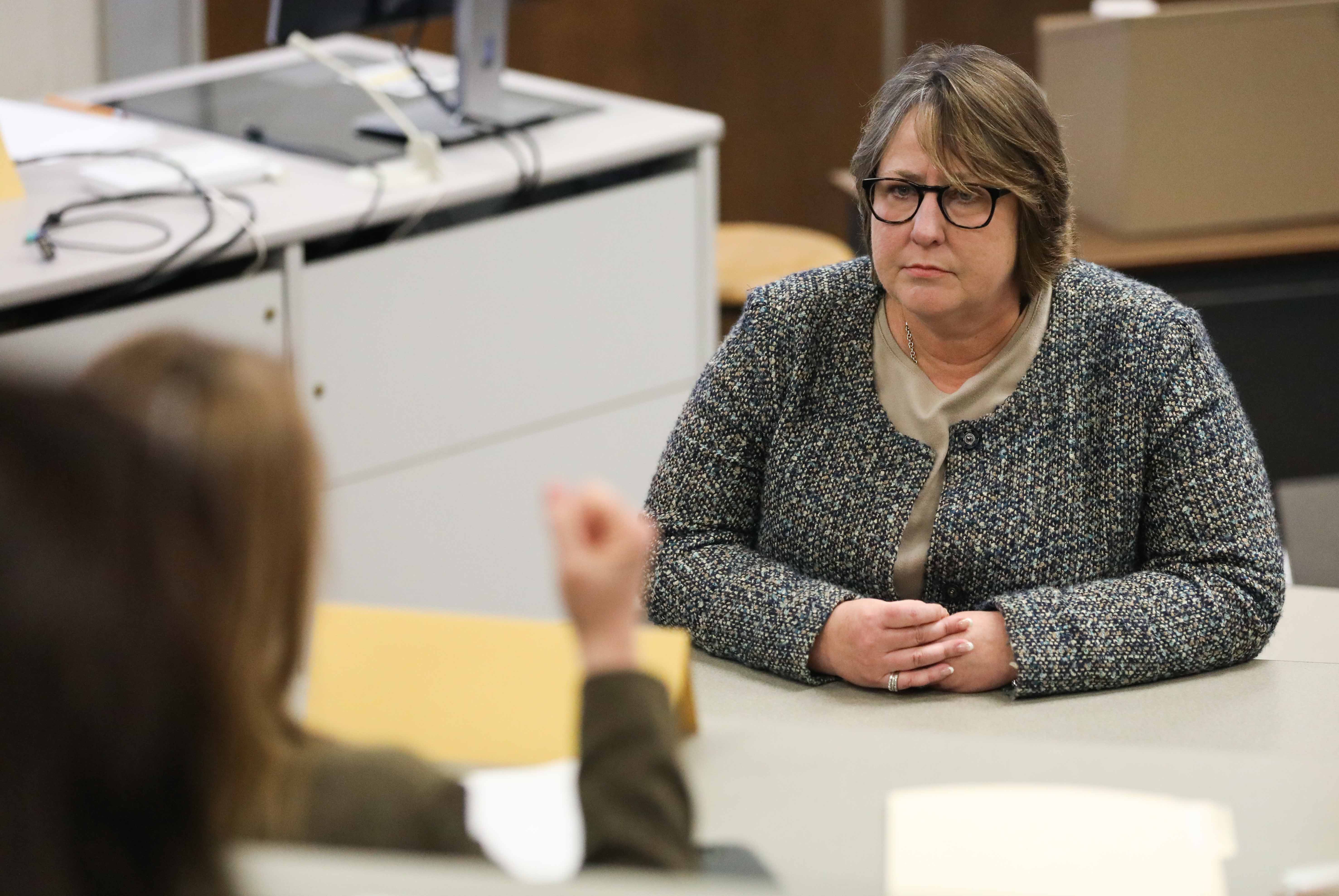 Teri Hall, Vice President of student affairs addresses the Wichita State faculty senate on March 27th.