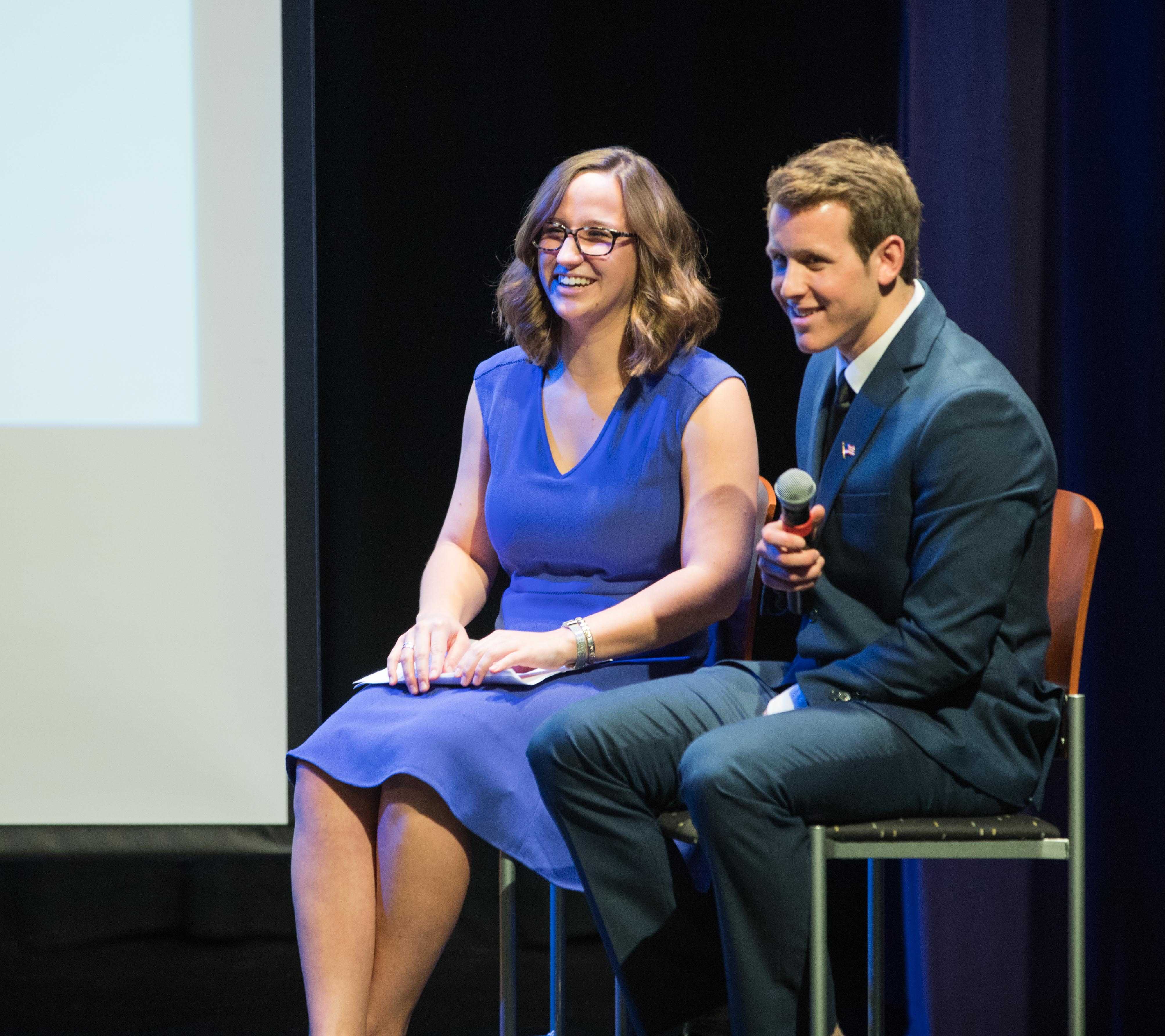 Hopeful SGA vice president Breck Towner and his running mate Paige Hungate answer questions from the audience at the SGA presidential debate in the CAC theater.
Towner does not like pineapple on pizza.