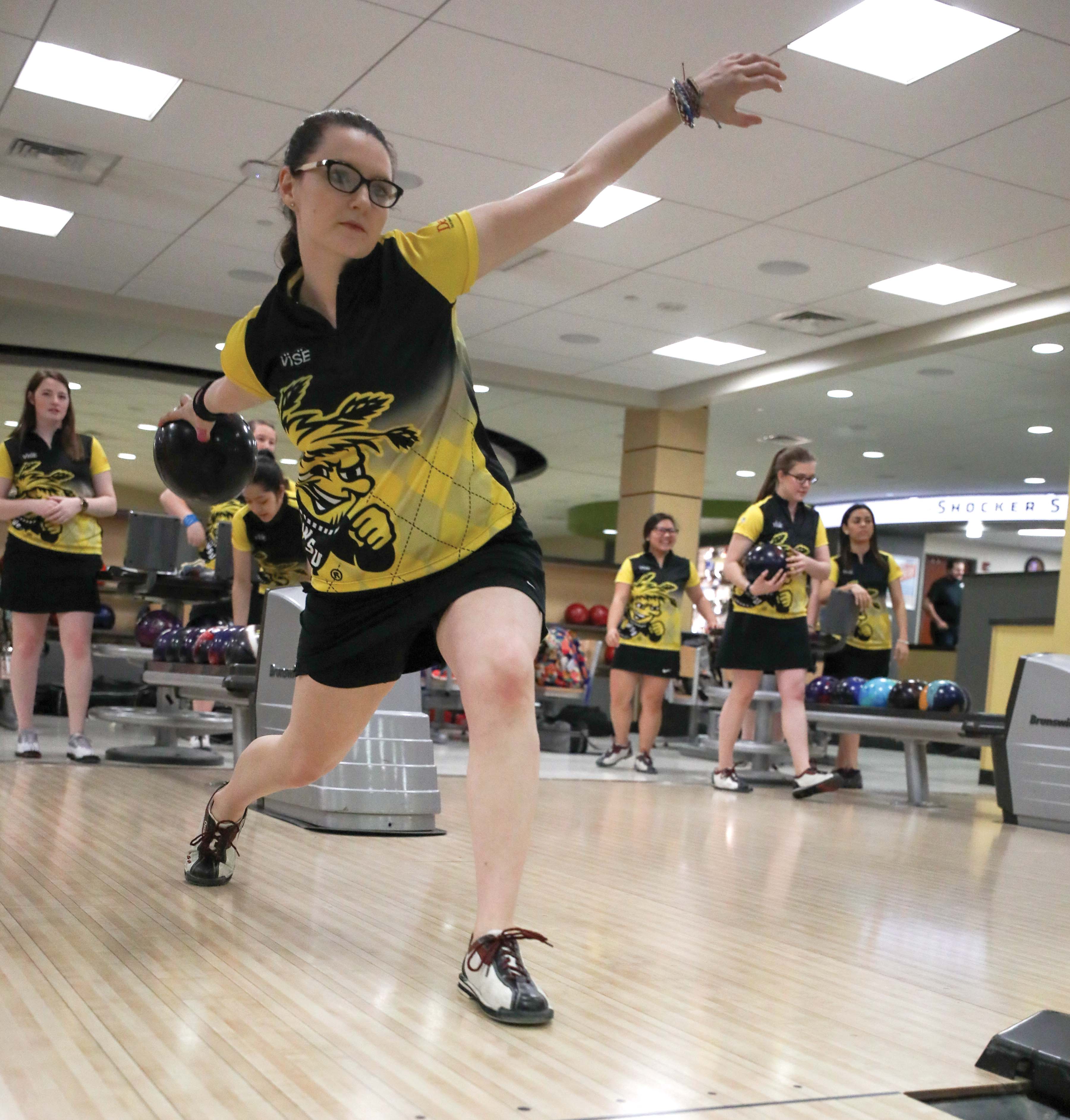 Wichita State junior Sydney Brummett bowls in the RSC during the media day
prior to the Intercollegiate Bowling Championship. Brummett won the women’s
intercollegiate singles championship on Saturday.