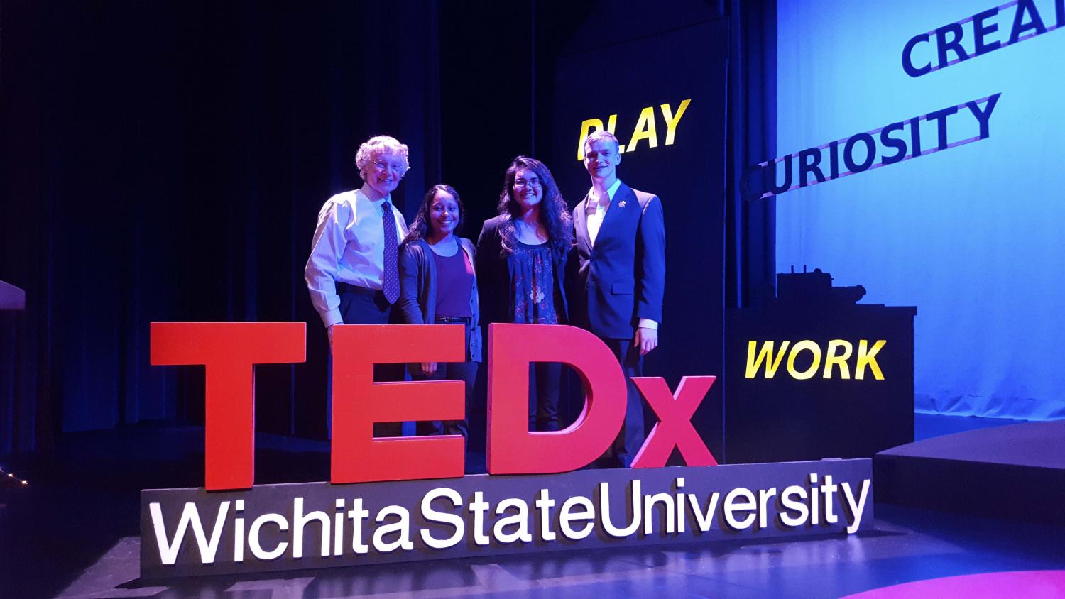 TEDx speakers (from left to right) Dave Dahl, Aja Molinar and Christine Fuston and emcee Sam Belsan. Dahl, Molinar and Fuston presented in the second block of TEDxWichitaStateUniversity on Thursday.