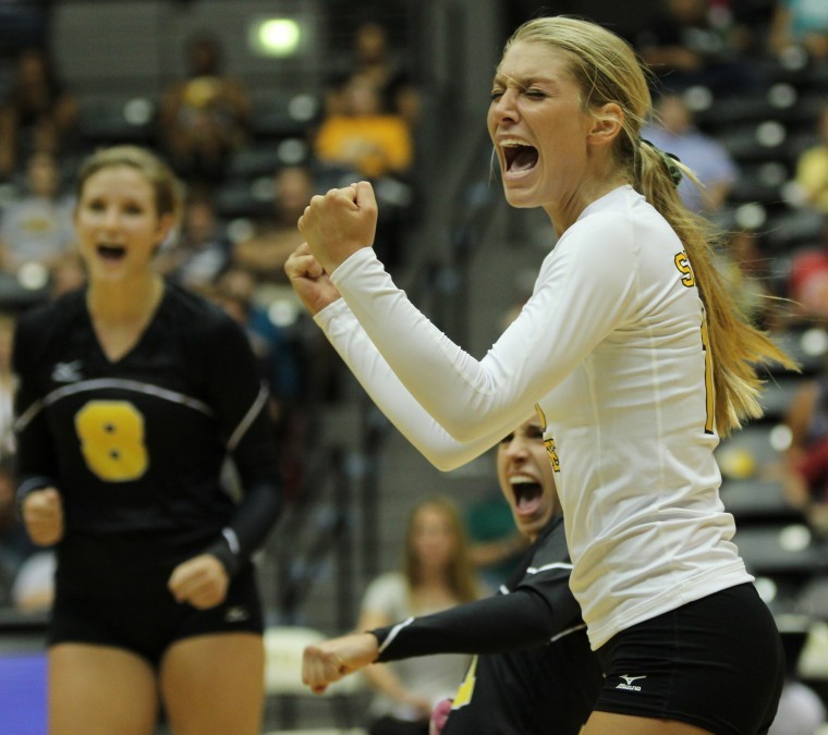 Senior+Jackie+Church+celebrates+during+the+Shockers+Aug.+31+game+against+BYU.%0A
