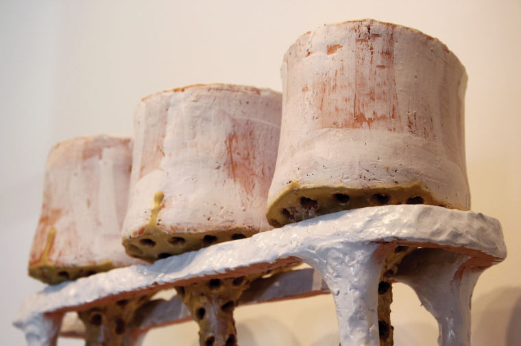 Art piece called "Three Sieves" by Ginnifer O'Keefe displayed at the WSU Shift Space gallery.
