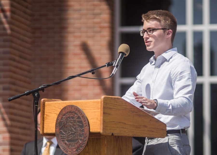 Student Body President Matt Conklin gives a speech during the grand opening of Shocker Hall, which took place Thursday afternoon on campus.