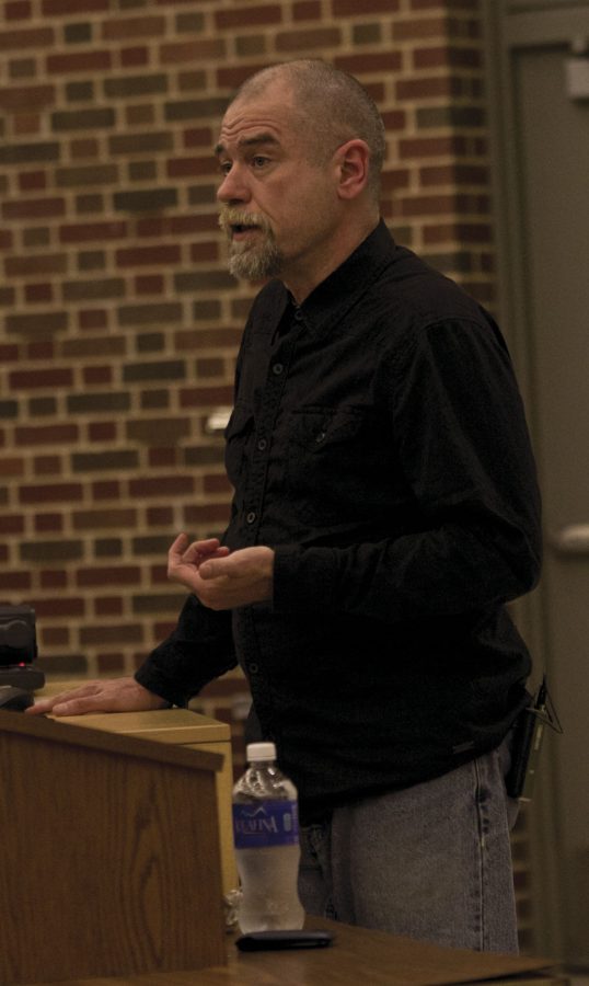 Curtis McCarty speaks in Hubbard Hall 208 Wednesday evening, recounting his experience with being on death row. McCarty was on Oklahoma's death row for 16 years, before a judge freed him due to contaminated evidence.