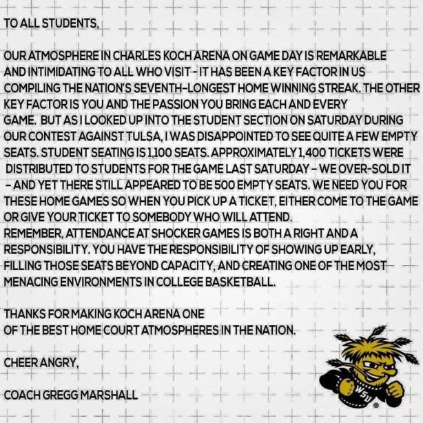 Head coach Gregg Marshall addressed a letter to Wichita State students, which was placed on each seat of the student section at the Saint Louis game Dec. 6, 2014 at INTRUST Bank Arena.