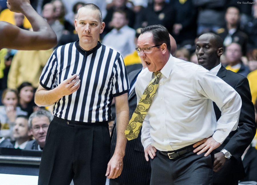 Head coach Gregg Marshall goes ballistic after a moving screen call against Wichita State during the game versus Bradley at Charles Koch Arena Wednesday night. The Shockers defeated Bradley 63-43.