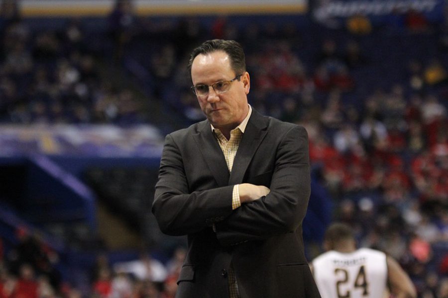 Head coach Gregg Marshall walks off the court after the Shockers were defeated by ISU in the semifinal round of the MVC tournament.