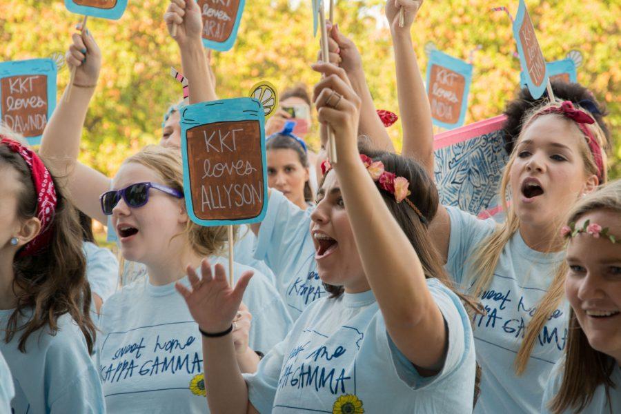 Kappa Gamma sorority sisters welcome their new members during bid day Monday outside the Rhatigan Student Center. The reveal celebration wrapped up a week of Panhellenic recruitment.