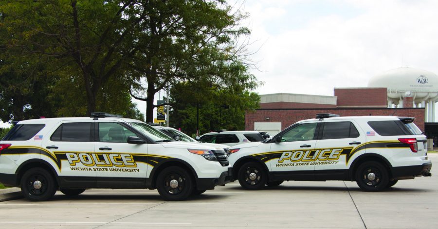 University police vehicles parked outside of the campus police department.  (File photo)