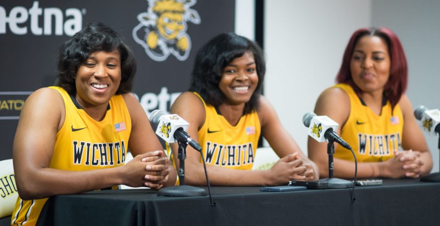 Womens basketball players answer questions from media Oct. 19. The team competes in its first game of the season Sunday against the University of Central Oklahoma.