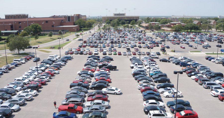 A full parking lot sits adjacent to Eck Stadium on Wichita State's campus.