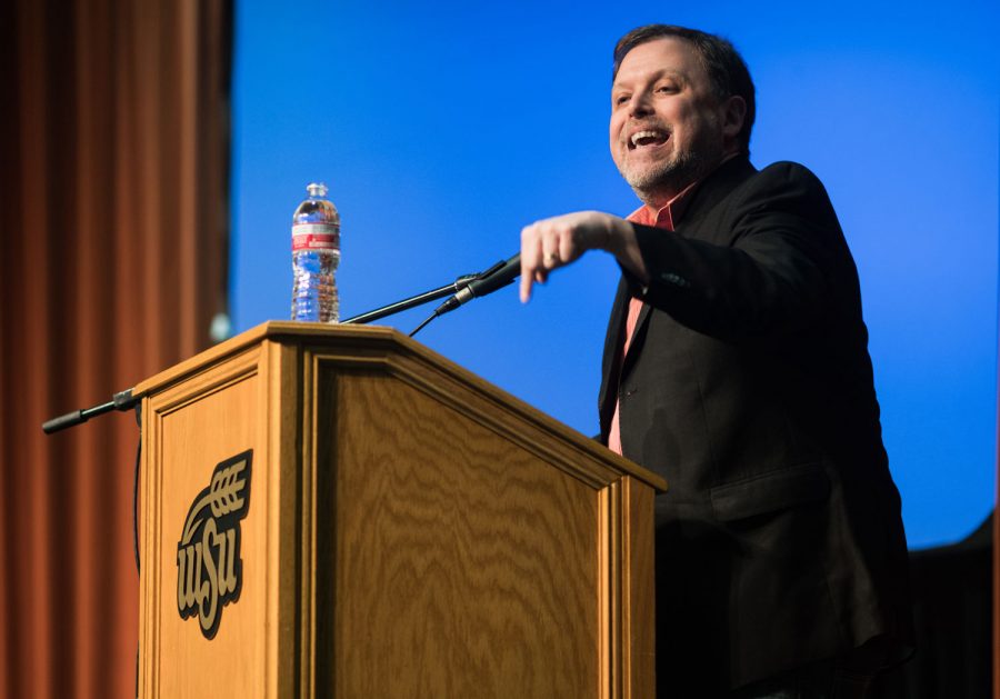 Anti-racist activist, Tim Wise, talks about white privilege and the Black Lives Matter vs. the All Lives Matter movements Wednesday night at the Hughes Metropolitan Complex. Wise has spoken in all 50 states and at more than 800 colleges across the nation.