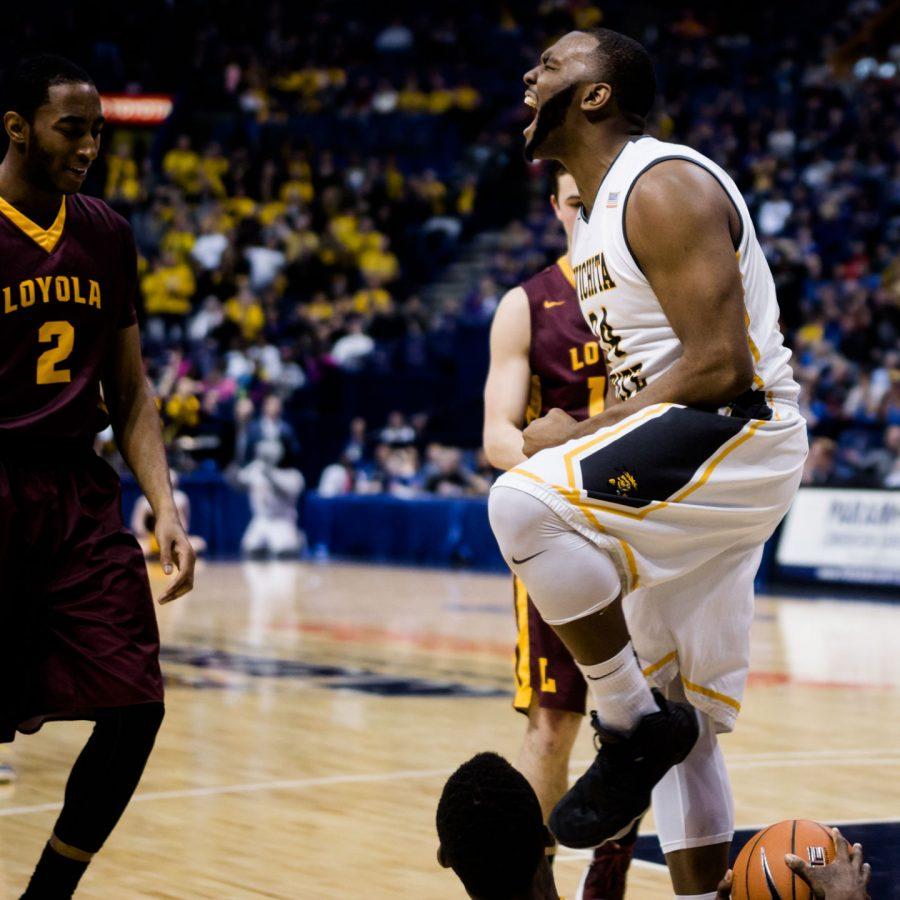 Sophomore+forward+Shaq+Morris+celebrates+a+block+against+Loyola+in+the+quarterfinals+of+Arch+Madness.+Morris+finished+with+six+blocks+as+the+Shockers+defeated+the+Ramblers.%C2%A0