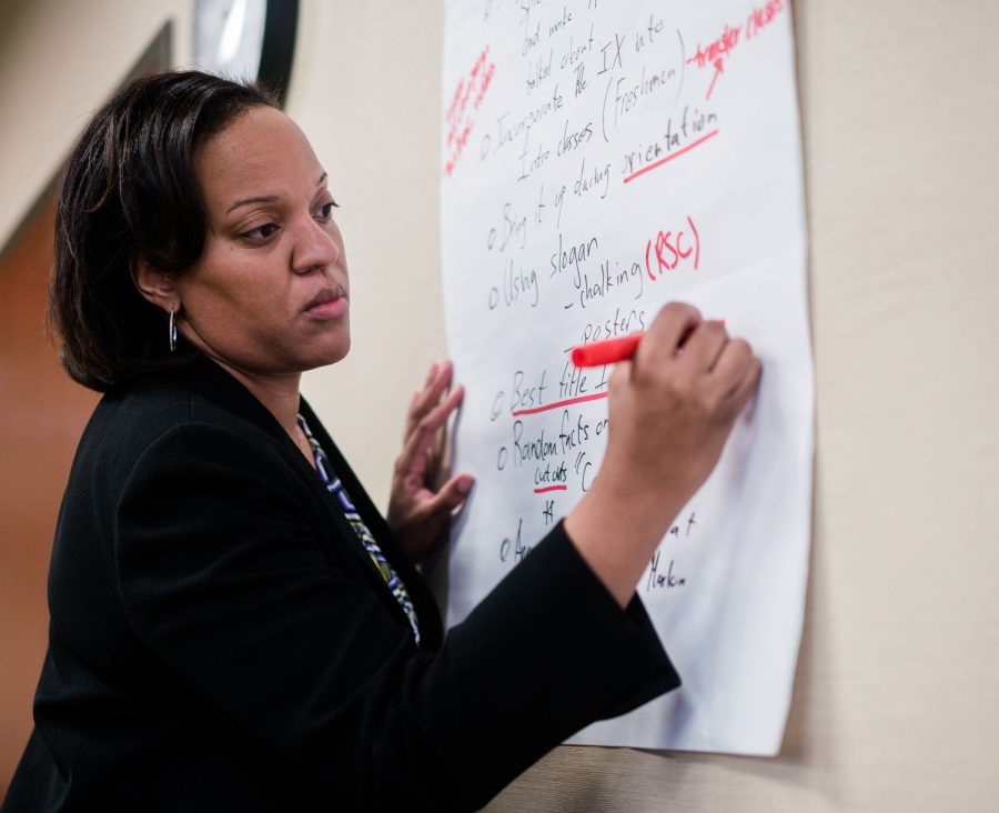 Title IX coordinator Natasha Stephens writes down ideas during a student forum Tuesday. Which prohibits sex discrimination and/or sexual misconduct.