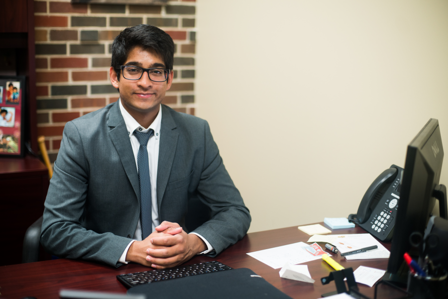 SGA Vice-President Taben Azad sits in his office. 