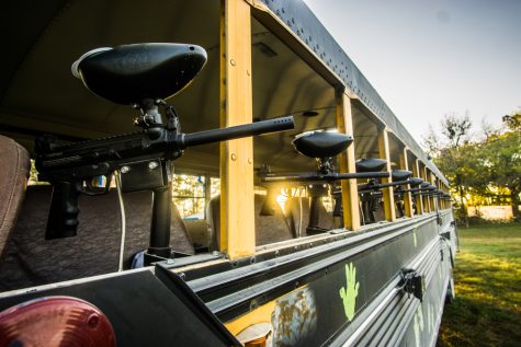 The zombie paintball bus is loaded with fourteen paintball guns. 