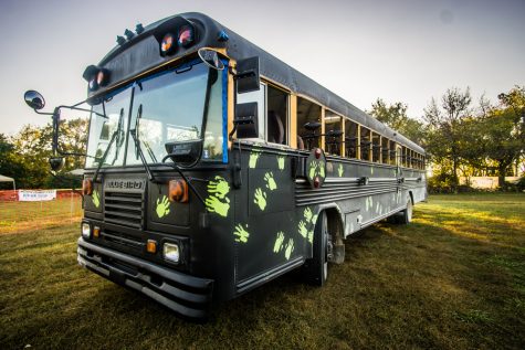 A school bus decked out with paintball guns is ready for action.