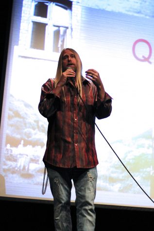 Paranormal investigator Chris Moon tells WSU students about his paranormal experiences Friday night in the CAC Theater.