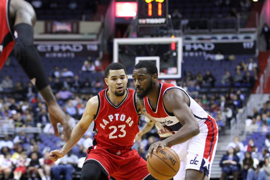 Fred VanVleet defends John Wall. VanVleet had a steal and five defensive rebounds against the Washington Wizards. (Oct. 22, 2016)