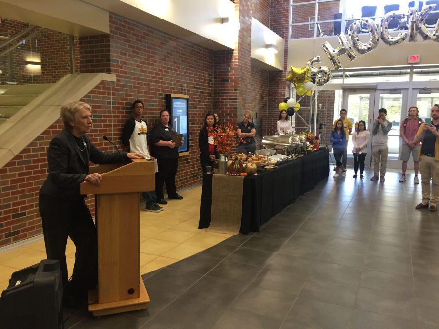Linnea Glenmaye, associate vice-president of the Office of Academic Affairs, has stepped in to cover for President John Bardo at his yearly Breakfast with Bardo event.