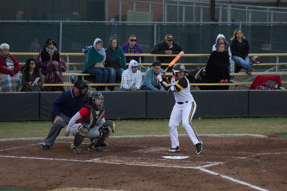 Sophomore utility Bethany Canada gets ready to swing the ball on Wednesday against Hutchinson Community College. Shockers collected 21 hits to score 18 runs for the sixth win of the fall season.