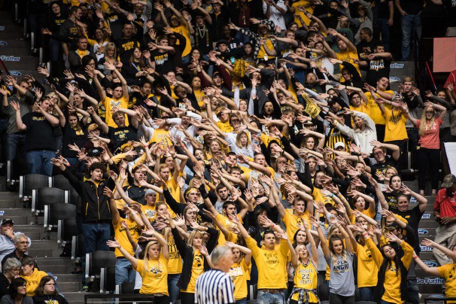 Wichita State fans attempt to distract a free throw shooter. 