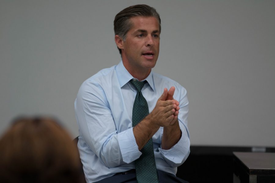 Dan Giroux, US representative candidate, addresses a question about his stance on college dept. Giroux spoke and answered questions from WSU students in Hubbard Hall, on Oct. 5.