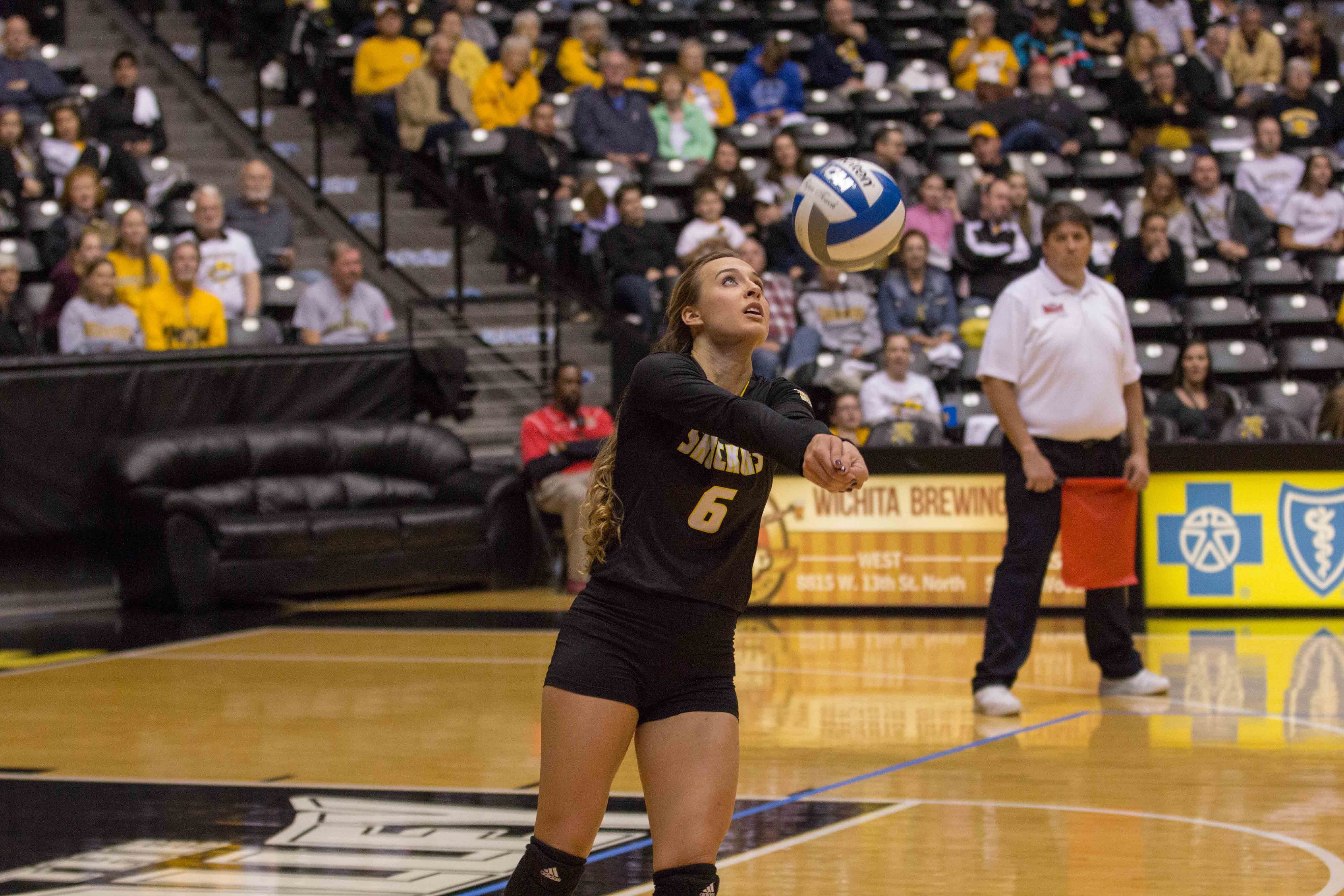 Wichita State senior Dani Mostrom (6) goes to return the ball to Indiana State. Mostrom had a career-high of 31 digs on Friday.