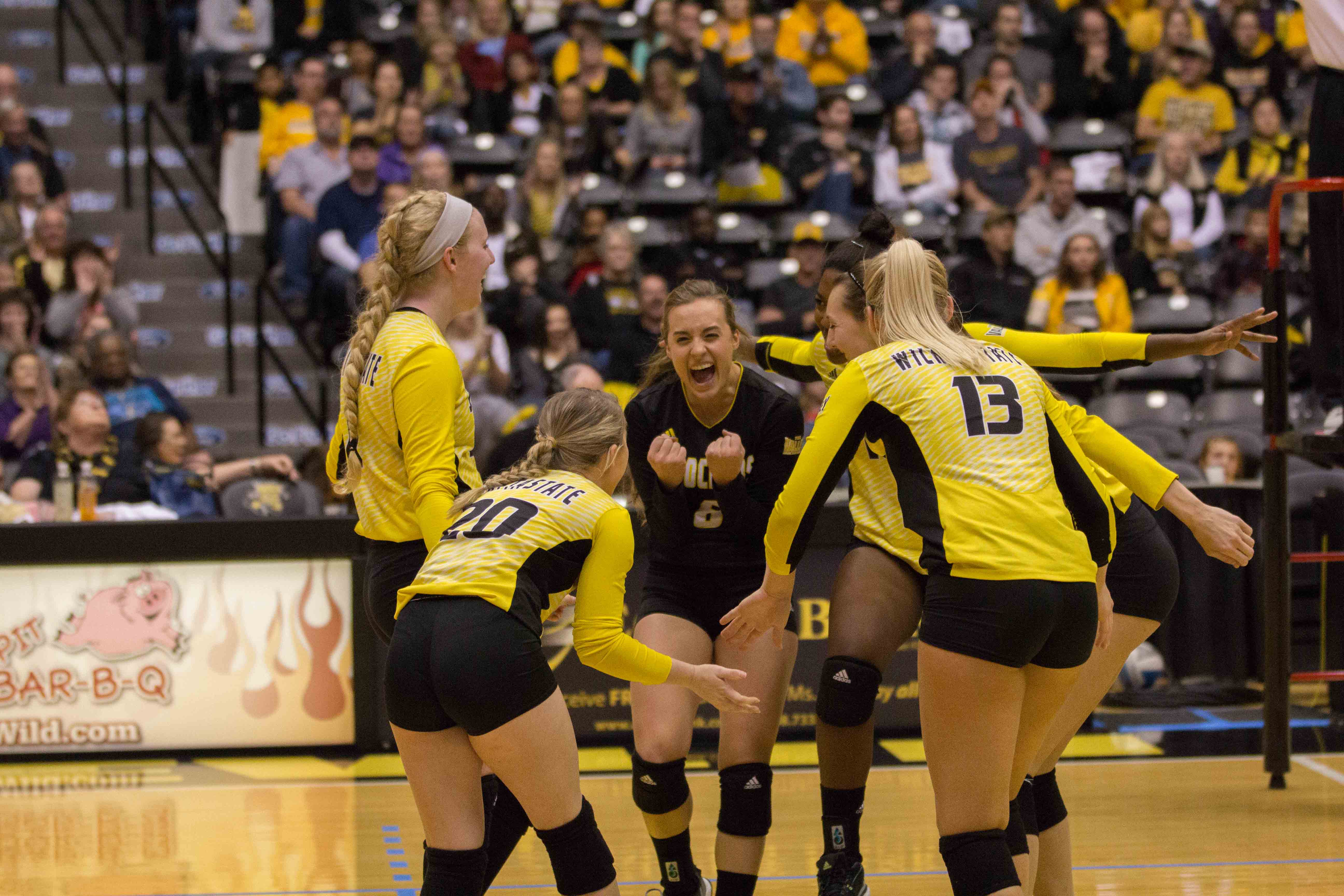 Wichita State celebrates during the final moments of Saturday night’s home game. WSU will face TCU in the first round of the NCAA Tournament in Lincoln, Nebraska on Friday.