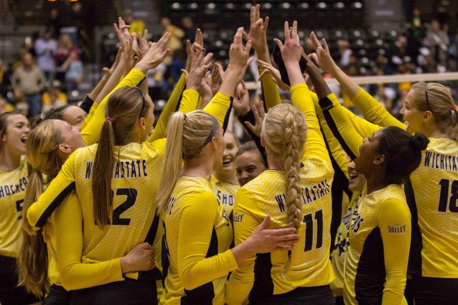  Wichita State puts their hands in after Saturday’s sweep of Indiana State. The Shockers will find out who they play in the NCAA tournament on Sunday at 9 p.m. 