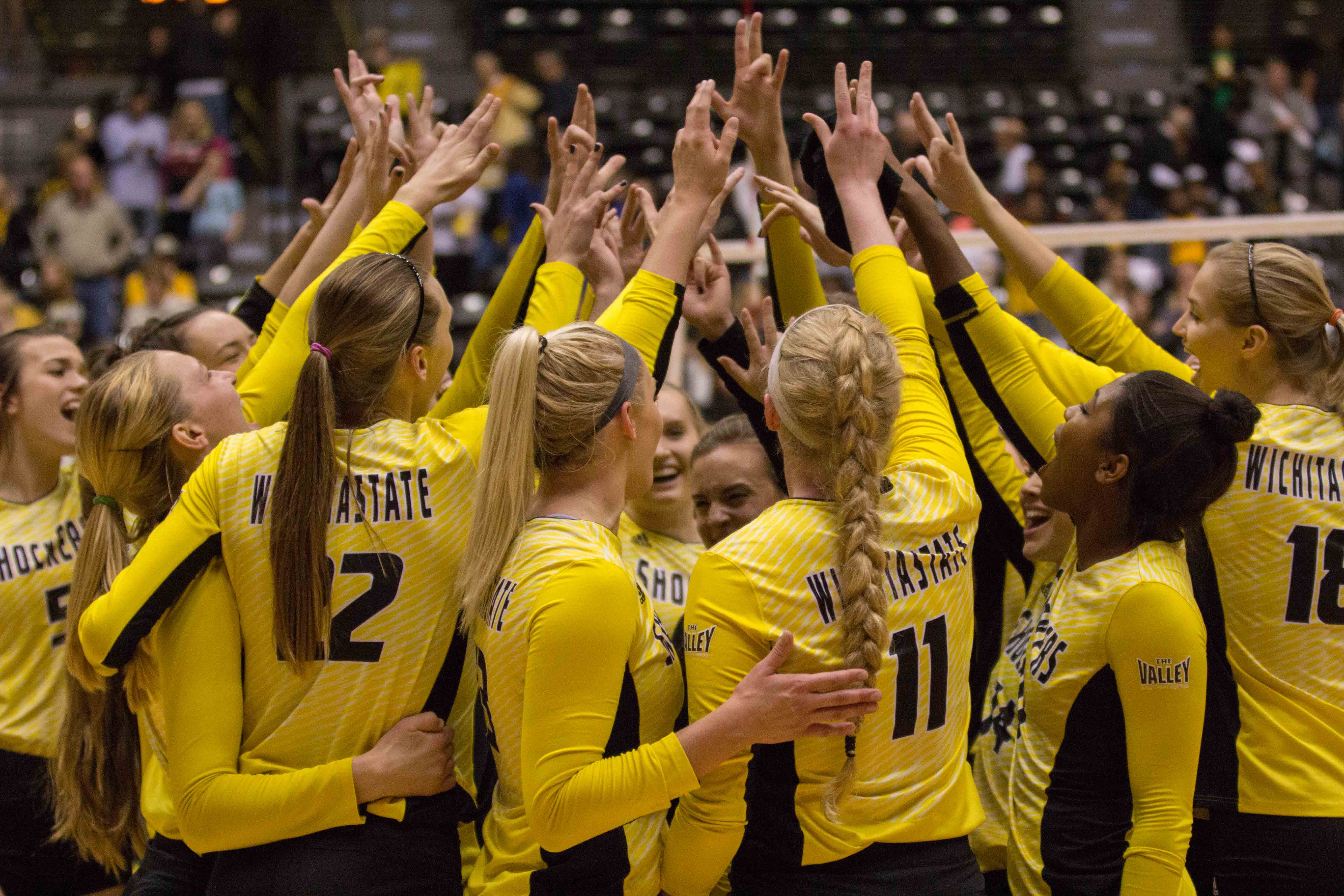 Wichita State puts their hands in after Saturday’s sweep of Indiana State. The Shockers will find out who they play in the NCAA tournament on Sunday at 9 p.m.