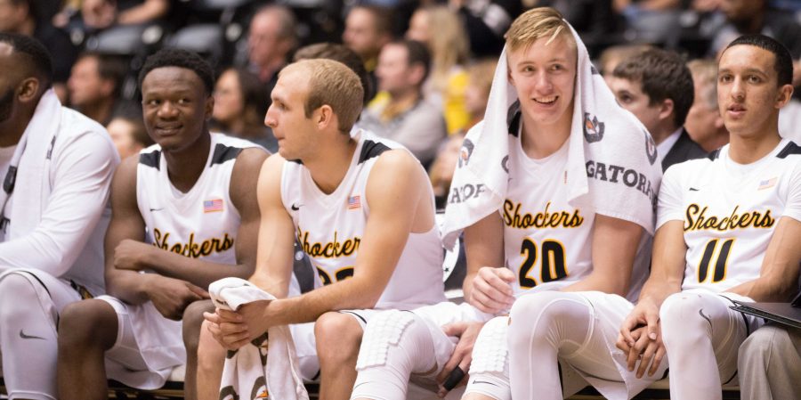 The Wichita State Shocker bench is all smiles as Coach Gregg Marshall cleans out the bench in the closing minutes on the game against Southern Nazarene on Tuesday evening, in Koch Arena.