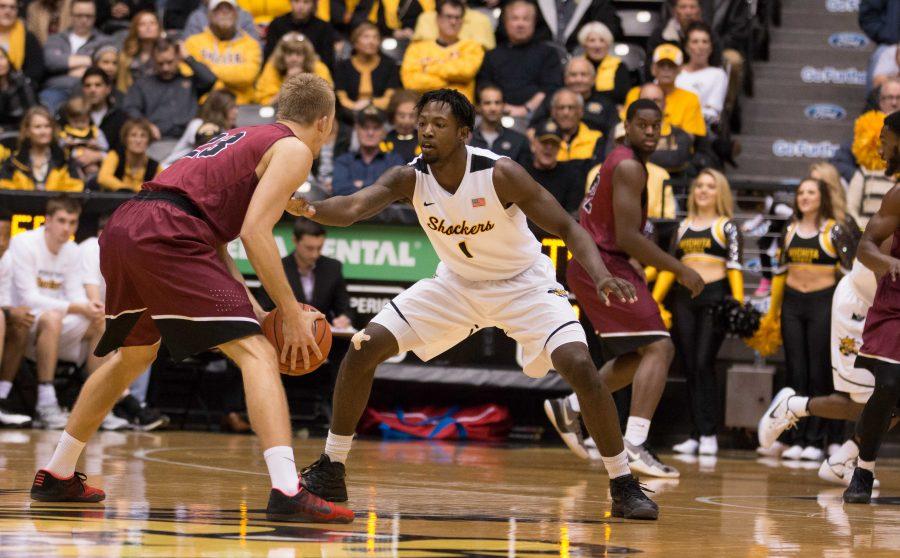 Wichita State forward Zach Brown defends against Southern Nazarenes Anton Kankaanpaa on Tuesday evening, at Koch Arena.