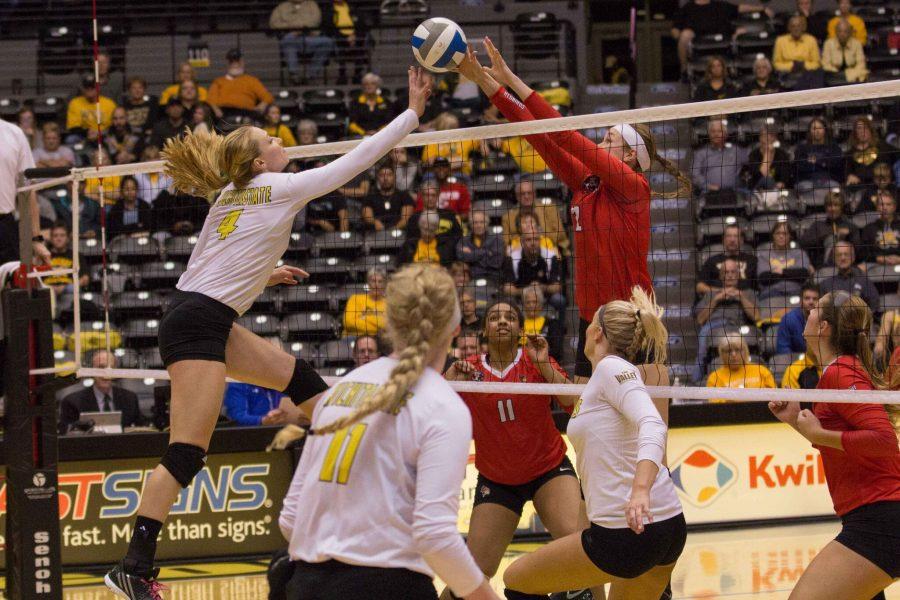 Katy+Dudzinski+jumps+for+a+block+against+Illinois+State+in+the+Shockers+second-to-last+home+game+on+Friday.+
