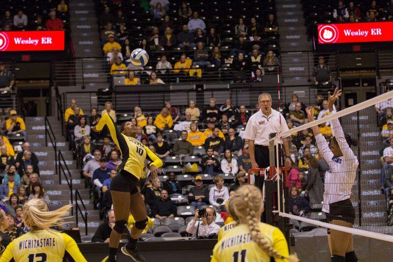 Tabitha Brown goes up for a kill against Indiana State. Brown had 17 kills in WSUs win. Photo by Matt Crow