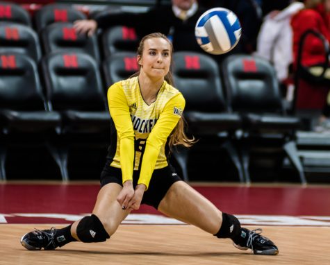 Senior Libero Dani Mostrom (6) returns a serve by TCU in the first set Friday night at Bob Devaney Sports Center in Lincoln, Nebraska. Wichita State ended up losing in four sets.