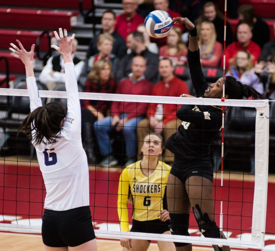 Sophomore Tabitha Brown (10) goes for a kill against TCU in the third set Friday night at Bob Devaney Sports Center in Lincoln, Nebraska. Wichita State ended up losing in four sets.