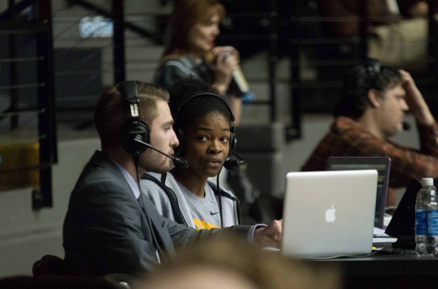 Wichita State senior Jaleesa Chapel commentates on Illinois State game at Charles Koch Arena. Chapel did her first television broadcast for The Valley on ESPN3.