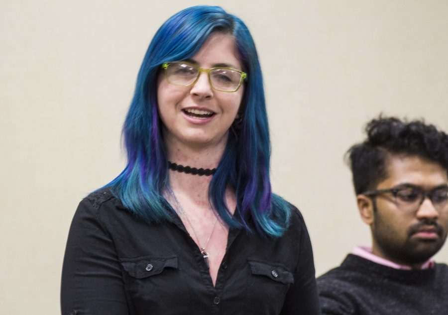 Addie Wise, Wichita State MFA student, met with Wichita States Student Government Association to discuss some controversial chalk drawings she drew on campus earlier this year. Wise drew controversial drawings at four different locations on campus that were considered a hate crime by many. 