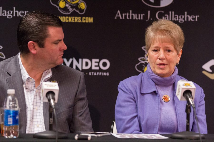 New Wichita State women’s basketball coach, Linda Hargove, speaks at the press conference on Monday afternoon about accepting the position at WSU. Hargrove will finish the season as head coach.