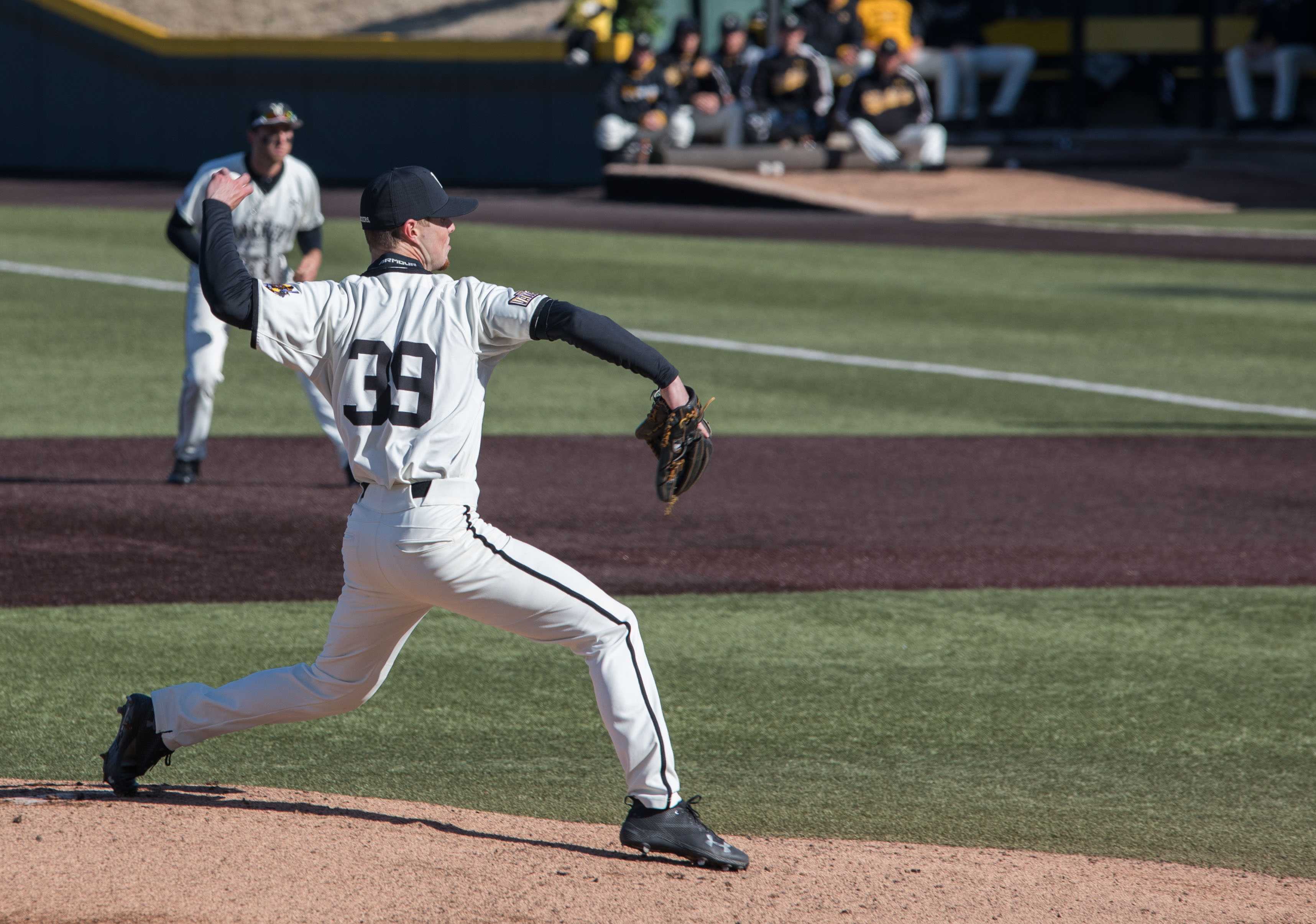 Junior Cody Tyler pitches against Grand Canyon University during the second game of the double header at Eck Stadium Saturday afternoon. Tyler pitched a career high nine strikeouts.