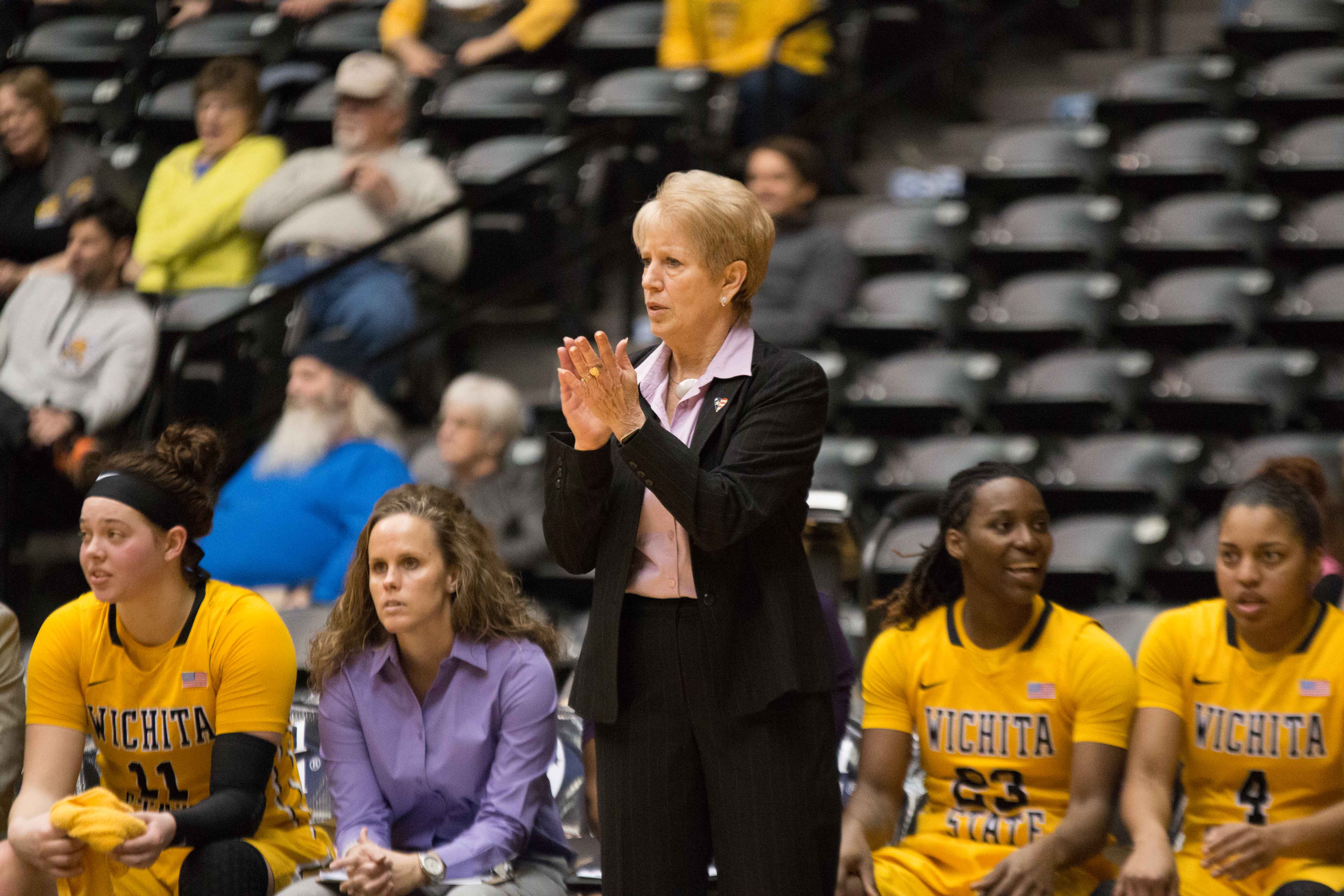 Wichita State head coach Linda Hargrove applauds her players on a play. Shockers took the win with a final score of 69-68. (Feb. 10, 2017)