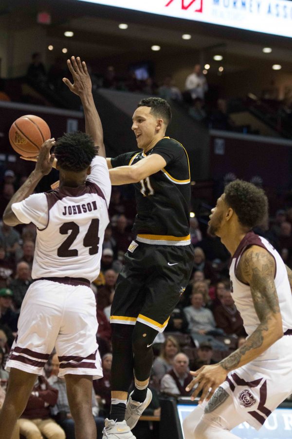 Wichita State guard Landry Shamet goes for a lay up against Missouri State Saturday afternoon at JQH Arena. Shamet scored a total of 23 points throughout the game. (Feb. 25, 2017)