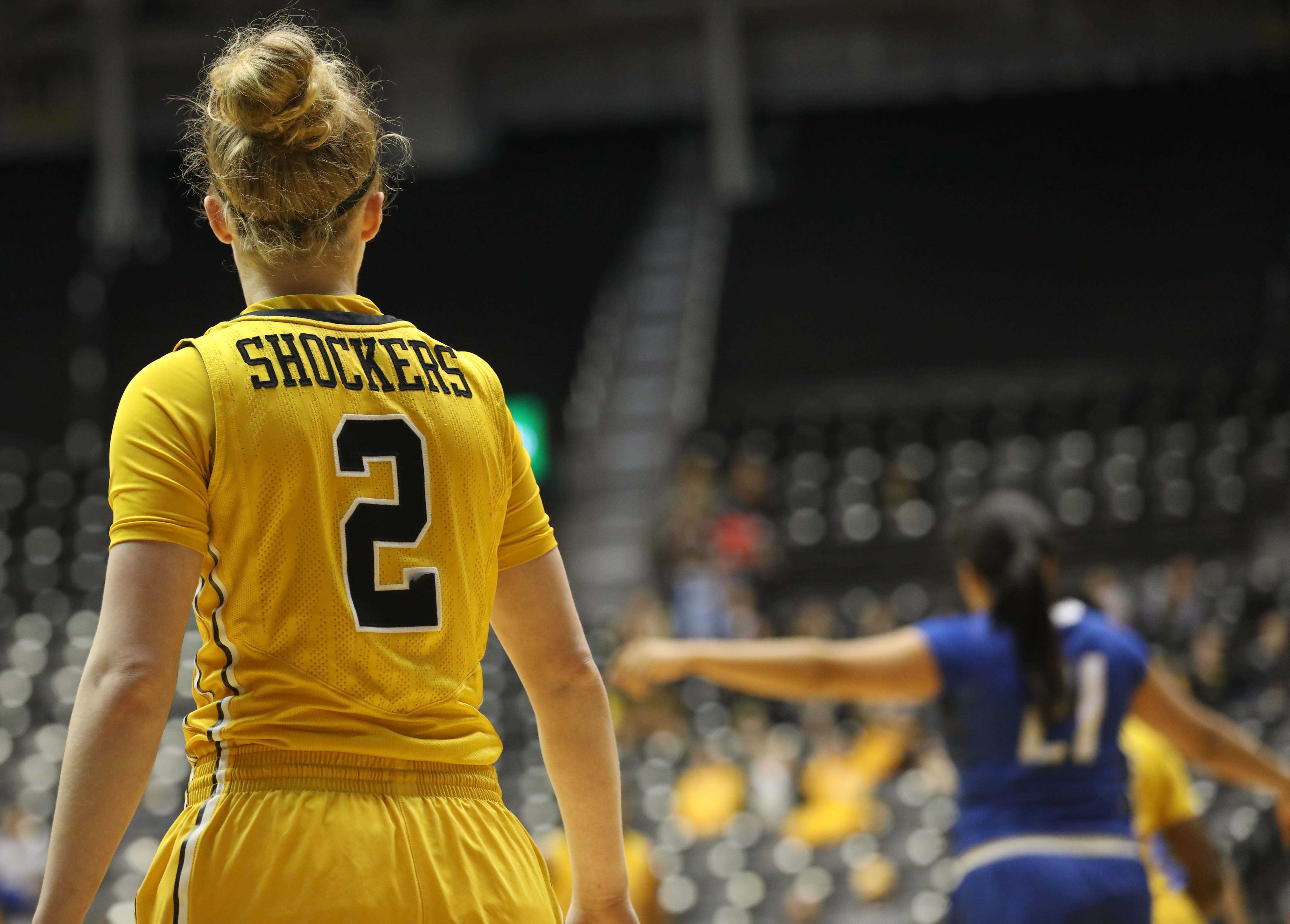 Wichita State senior Hannah Mortimer (2) looks towards her team Sunday afternoon in Charles Koch Arena. Mortimer is an outgoing senior and was honored in a ceremony after the game. (Feb. 26, 2017)