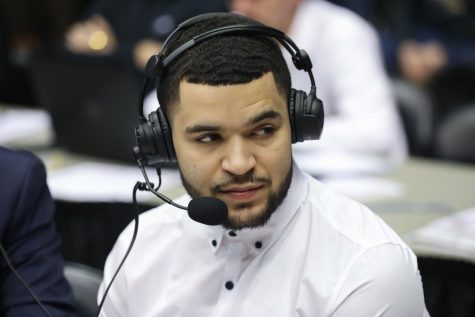 Former Wichita State player Fred Van Vleet speaks with ESPN Saturday afternoon in Charles Koch Arena. Van Vleet is currently signed to the Toronto Raptors. (Feb. 18, 2017)