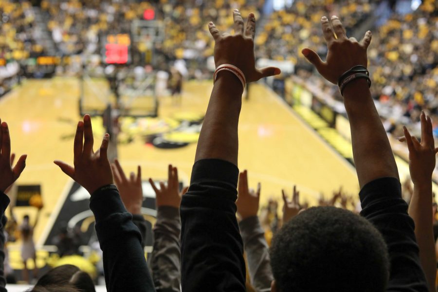 Wichita+State+fans+put+their+%E2%80%9CShockers+up%E2%80%9D+during+the+second+half+of+Saturday%E2%80%99s+home+game.+%28Feb.+18%2C+2017%29