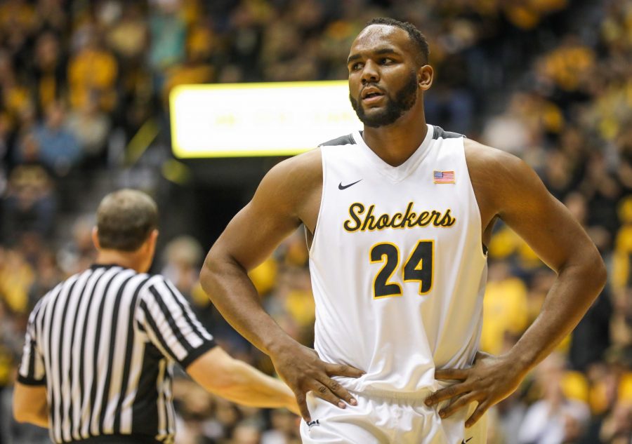 Wichita+State+junior+Shaquille+Morris+%2824%29+walks+away+after+a+tussle+for+the+ball+with+several+players.+Morris+was+Wichita+State%E2%80%99s+leading+scorer+with+18+points.+%28Feb.+21%2C+2017%29