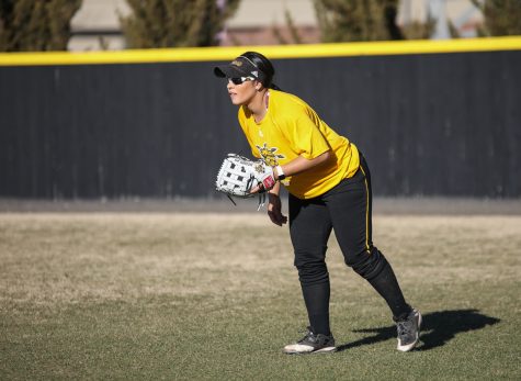 Paige Luellen plays right field in a scrimmage on Feb. 7, 2017.