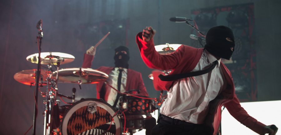 Twenty One Pilots drummer Josh Dun, left, and lead singer Tyler Joseph perform at home Intrust Bank Arena on Friday night. The band performed in front of  a sold-out crowd. (Feb. 3, 2017)
